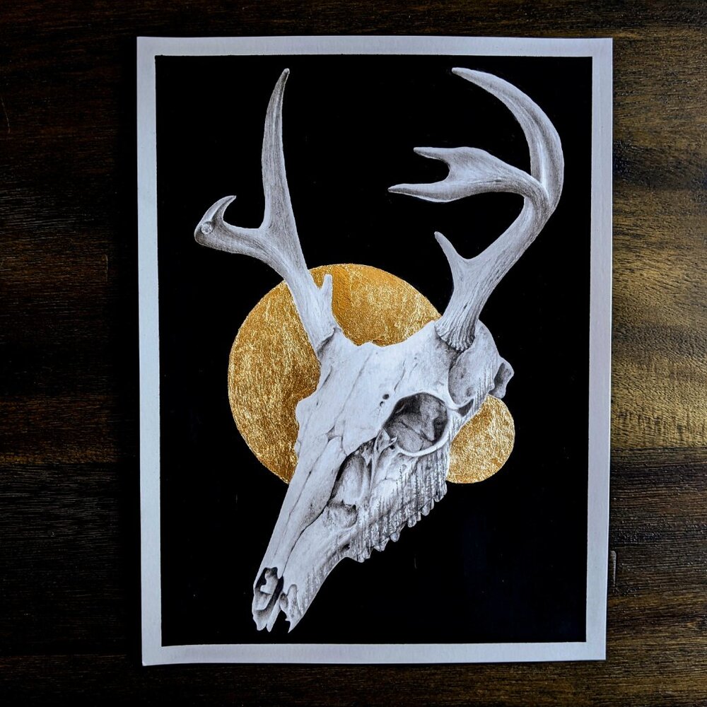 Handmade Original Artwork 9"x 12" Graphite & Gold Leaf Pencil Drawing Wall Art